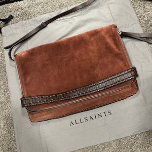 Genuine suede leather ALLSAINTS crossbody bag in brown. Gently used, clean.
